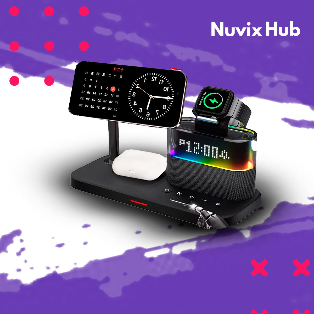 Carregador 5 em 1 Magnético chager Alarme Relógio led - Nuvix Hub